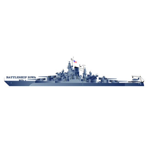 Side view illustration of the historic Battleship IOWA, depicted in gray with prominent gun turrets, a central superstructure, radar details, and an American flag atop—all showcased on a white background as the Battleship IOWA Large Foil Magnet.