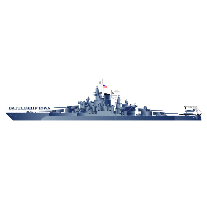 Side view illustration of the historic Battleship IOWA, depicted in gray with prominent gun turrets, a central superstructure, radar details, and an American flag atop—all showcased on a white background as the Battleship IOWA Large Foil Magnet.