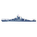 Side view illustration of the historic Battleship IOWA, depicted in gray with prominent gun turrets, a central superstructure, radar details, and an American flag atop—all showcased on a white background as the Battleship IOWA Large Foil Magnet.