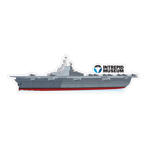 Bring home a USS Intrepid Large Foil Magnet featuring an illustration of the iconic aircraft carrier with airplanes on its deck and the Intrepid Museum logo on the side—a perfect souvenir or unique gift from the Intrepid Sea, Air & Space Museum.