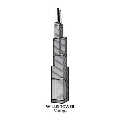 Illustration of the Willis Tower in Chicago, featuring its tiered structure and two antennae at the top, with “WILLIS TOWER Chicago” text beneath—perfect as the Willis Tower Large Foil Magnet for architectural enthusiasts and fans of the iconic Chicago skyline.