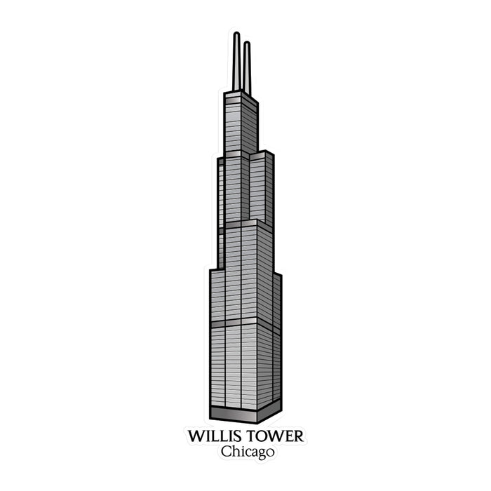 Illustration of the Willis Tower in Chicago, featuring its tiered structure and two antennae at the top, with “WILLIS TOWER Chicago” text beneath—perfect as the Willis Tower Large Foil Magnet for architectural enthusiasts and fans of the iconic Chicago skyline.
