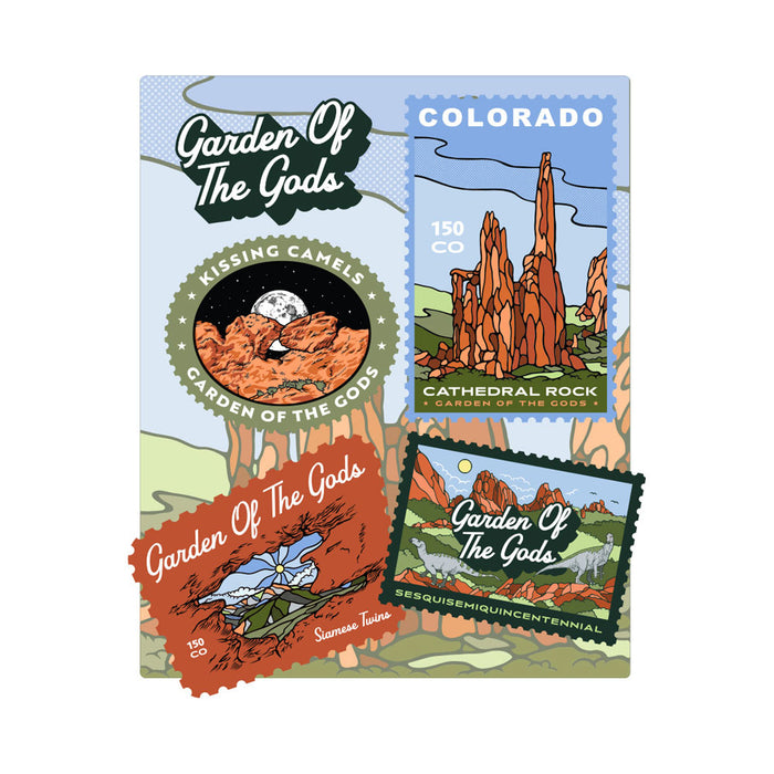 Celebrate Colorado’s beauty with the Garden of the Gods Colorado 150th Anniversary Magnet, featuring a postcard-style image with four illustrated stamps showcasing iconic rock formations like Cathedral Rock and Kissing Camels set against mountains and sky, complete with text labels. Perfect for Colorado fans or as inspiration for commemorative designs.