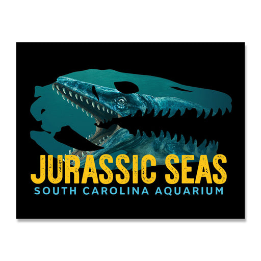 A stylized blue marine reptile skull with sharp teeth is shown above the bold yellow text Jurassic Seas, with South Carolina Aquarium in smaller white text below, all on a black background.