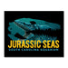 A stylized blue marine reptile skull with sharp teeth is shown above the bold yellow text Jurassic Seas, with South Carolina Aquarium in smaller white text below, all on a black background.