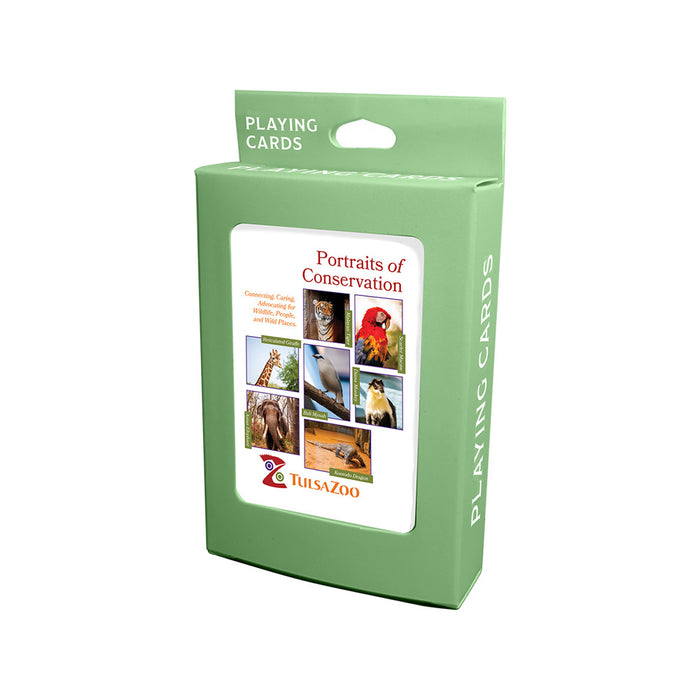 A green box of Tulsa Zoo Portraits of Conversation Playing Cards featuring animal photos, fun facts, and the Tulsa Zoo logo with conservation messaging.