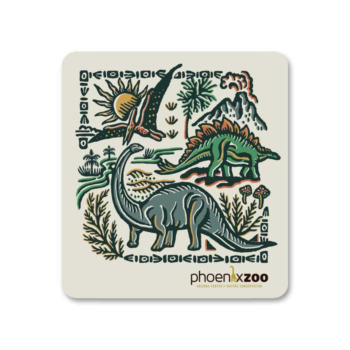 Graphic print of a long-necked dinosaur, a stegosaurus, and a flying pterosaur in a prehistoric landscape with plants and a mountain, branded with the Phoenix Zoo logo.