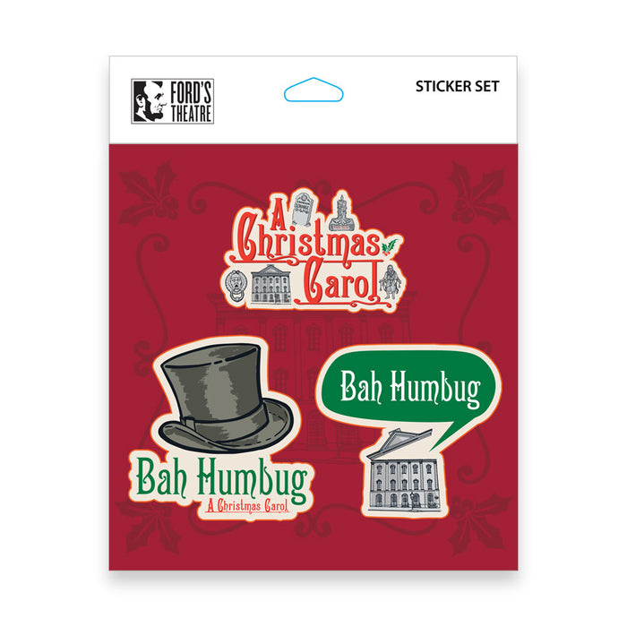 A set of four stickers themed around A Christmas Carol, featuring a top hat, the text Bah Humbug, and an illustration of Fords Theatre.