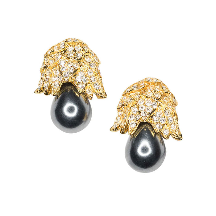Jackie Kennedy Onassis Grey Pearl Bud Clip-On Earrings