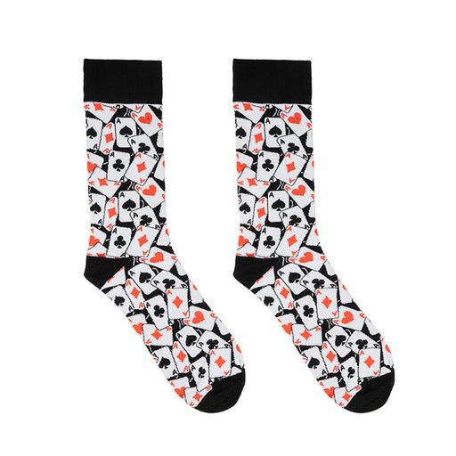 Playing Cards Men’s Crew Socks featuring a bold pattern of black and red playing card suits—spades, hearts, diamonds, and clubs. Crafted from hypoallergenic bamboo for comfort, these socks are finished with durable black toes, heels, and cuffs.
