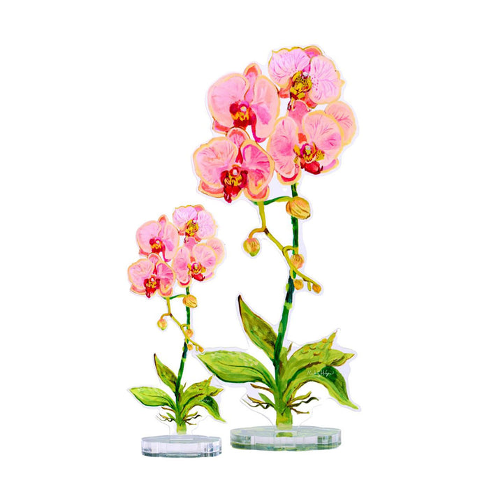 Two Coral Orchid acrylic figures, each with pink blooms and green leaves, standing on clear circular bases.
