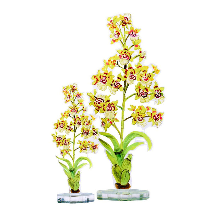 Two Yellow King Orchid Acrylic Figures featuring yellow and maroon orchid plants on clear circular bases.