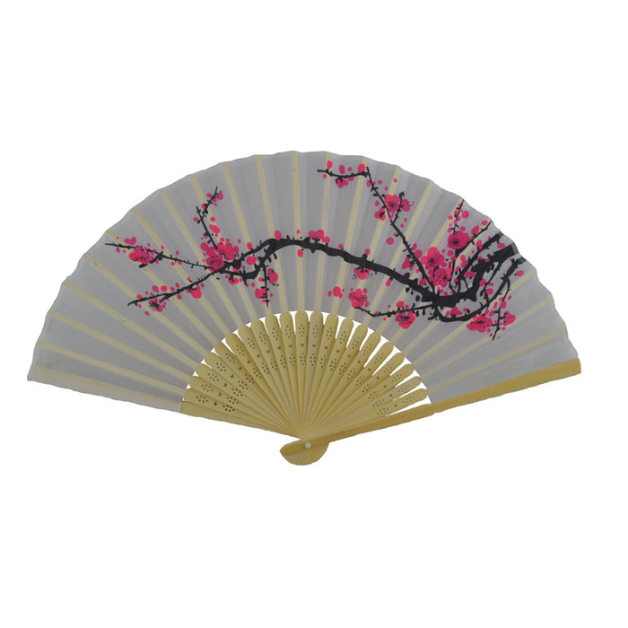 The Cherry Blossom Fan features a light background with pink blossoms and dark stems. Made of silk with wooden ribs and cut-out details, it’s an elegant accessory perfect for spring garden events.