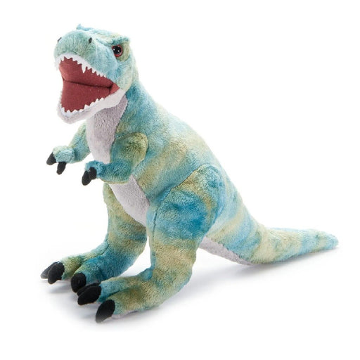The T-Rex Dinosaur Plush has green and blue colors, a white belly, open mouth with fabric teeth, black claws, and sits upright on its hind legs with its tail extended behind.
