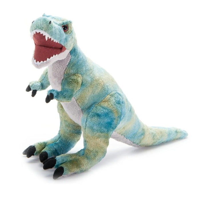 The T-Rex Dinosaur Plush has green and blue colors, a white belly, open mouth with fabric teeth, black claws, and sits upright on its hind legs with its tail extended behind.