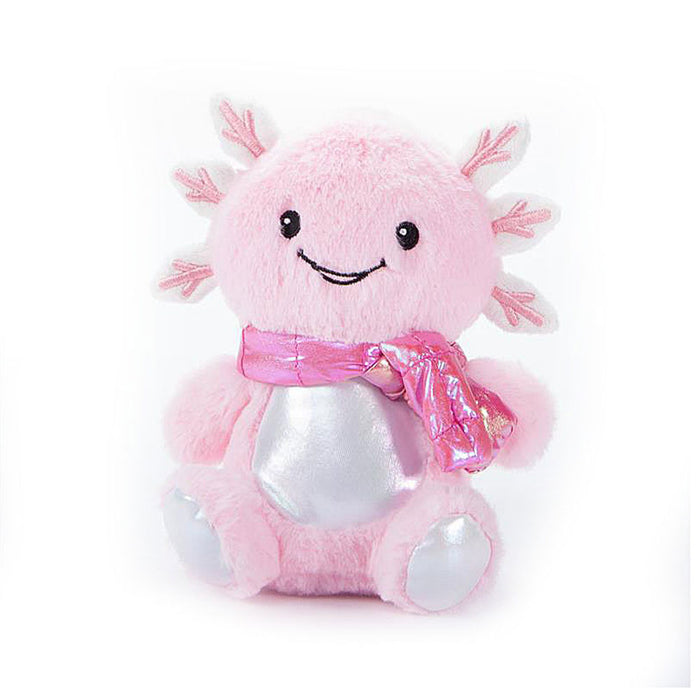 Pink Icy Axolotl plush toy wearing a shiny pink scarf, featuring silver accents on its belly and paws.