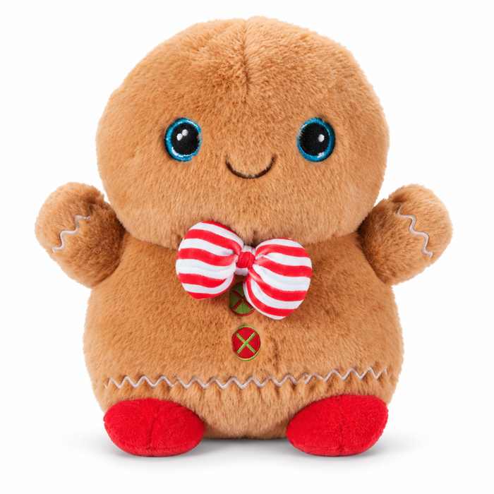 Puffimals Gingerbread plush toy featuring large blue eyes, a red and white striped bow tie, and red feet.