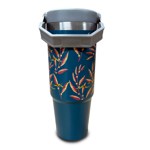 The Seattle Aquarium Sea Otter Water Bottle is a tall, blue bottle with a floral leaf design in red and yellow, a stainless steel rim, and a large gray handle—ideal for your next Seattle Aquarium adventure.