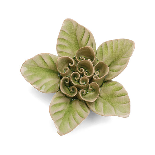 The Ceramic Flower, Peridot Green Maiden Lotus features five broad leaves and spiral-curled inner petals, capturing the beauty of a green succulent in an elegant handcrafted ceramic decor piece.