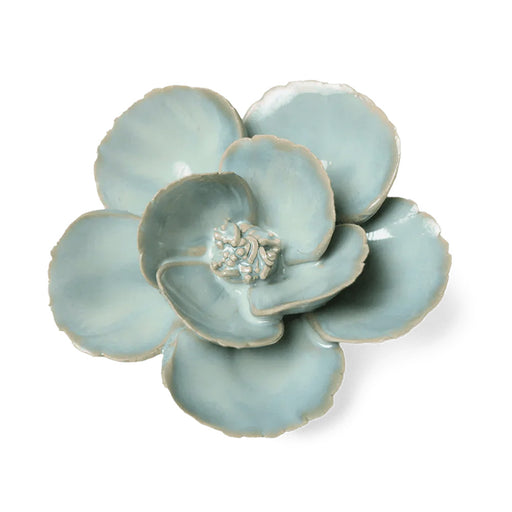 The Ceramic Flower, Milk Teal Poppy features layered light blue petals and a detailed center, making it a striking floral decor accent displayed on a white background.