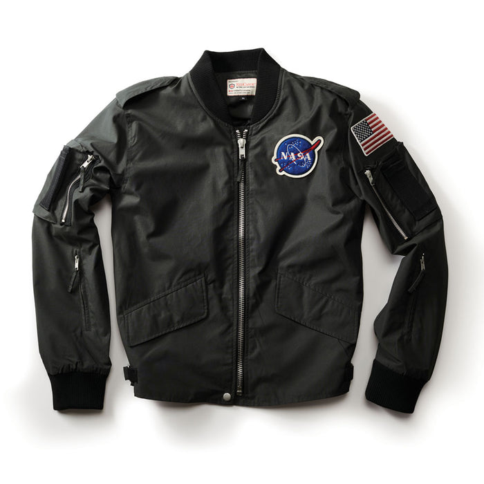 The Men’s NASA Flight Jacket is a black jacket inspired by authentic NASA Flight Jacket designs, featuring a NASA patch on the chest and an American flag patch on the left sleeve, displayed on a white background.