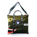 The P40 Aviation Helmet Bag features an olive green design with black straps, distinctive military patches—including a star emblem, the number 67, and a bold shark mouth graphic—and is finished with a white label patch on the front, drawing inspiration from classic aviation gear for a striking and functional accessory.