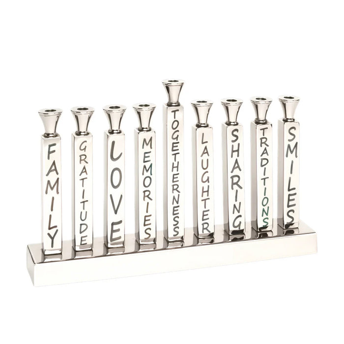 Silver Menorah - Silver nine-branched candelabra featuring vertical pillars engraved with the words Family, Gratitude, Love, Memories, Togetherness, Laughter, Sharing, Traditions, and Smiles.