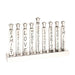Silver Menorah - Silver nine-branched candelabra featuring vertical pillars engraved with the words Family, Gratitude, Love, Memories, Togetherness, Laughter, Sharing, Traditions, and Smiles.