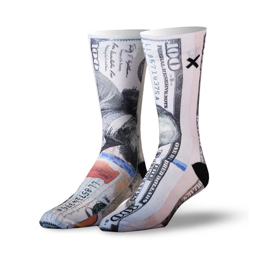 The 100 Dollar Bill Crew Socks showcase an eye-catching graphic print that mirrors the look of a hundred-dollar bill, complete with intricate currency details and stylish black accents on the heel and toe—making these luxury socks a bold fashion statement.