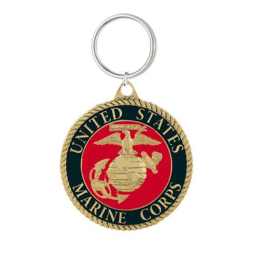 The United States Marine Corps Logo Keychain has the USMC emblem in gold on a red background, bordered in black with “United States Marine Corps” in gold lettering.