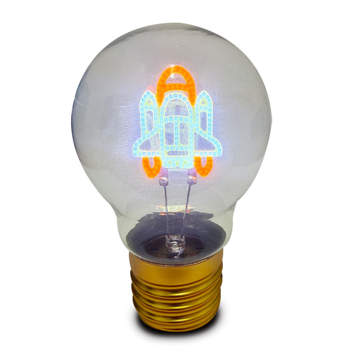 The Spaceship LED Lightbulb has a rocket-shaped filament glowing orange and white, with a metallic gold base—an ideal addition to any kids’ room to inspire dreams of space exploration.