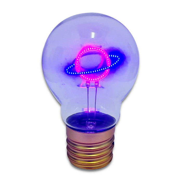 The Saturn LED Lightbulb features a clear acrylic design with glowing pink and blue neon rings, evoking the planet Saturn. It offers sustainable lighting and adds a cosmic touch to any space against a crisp white background.