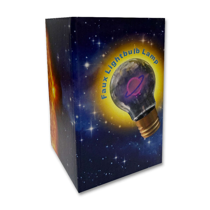 The Saturn LED Lightbulb comes in a rectangular box with a starry outer space design and features a glowing acrylic bulb with a pink and purple ringed planet inside, adding whimsical charm to any room.