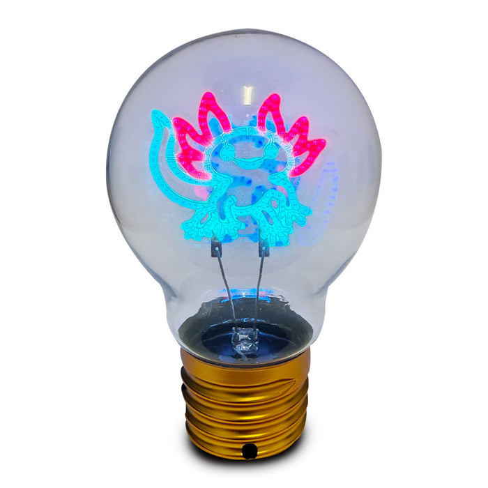 The Axolotl LED Lightbulb features a clear design with a gold base and glowing blue and pink neon axolotl outline, adding energy-efficient, playful lighting perfect for any children's bedroom or fun space.