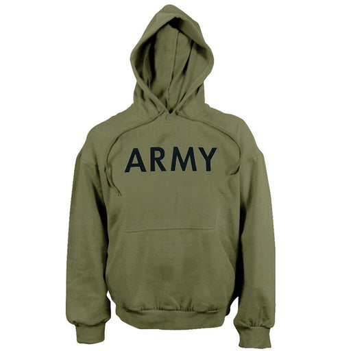Pullover fleece hoody with ARMY screen print and kangaroo pocket. Olive green.