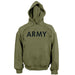 Pullover fleece hoody with ARMY screen print and kangaroo pocket. Olive green.