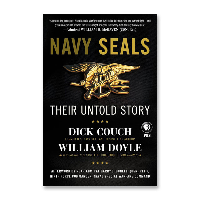 Book cover of Navy SEALs: Their Untold Story, displaying a gold U.S. Navy SEALs trident emblem on a black background with review quotes and PBS branding, highlighting the legacy of this elite special operations force.