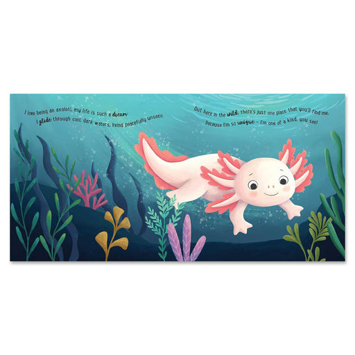 A smiling pink axolotl swims among colorful plants as text from "I Love Being an Axolotl: Padded Board Book: Picture Storybook" describes its unique, joyful life gliding through cool, dark waters.