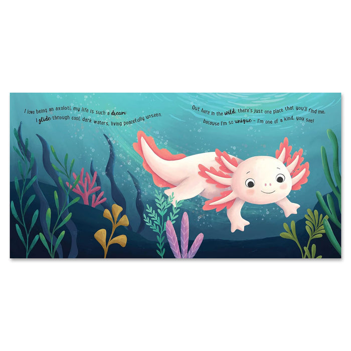 A smiling pink axolotl swims among colorful plants as text from "I Love Being an Axolotl: Padded Board Book: Picture Storybook" describes its unique, joyful life gliding through cool, dark waters.