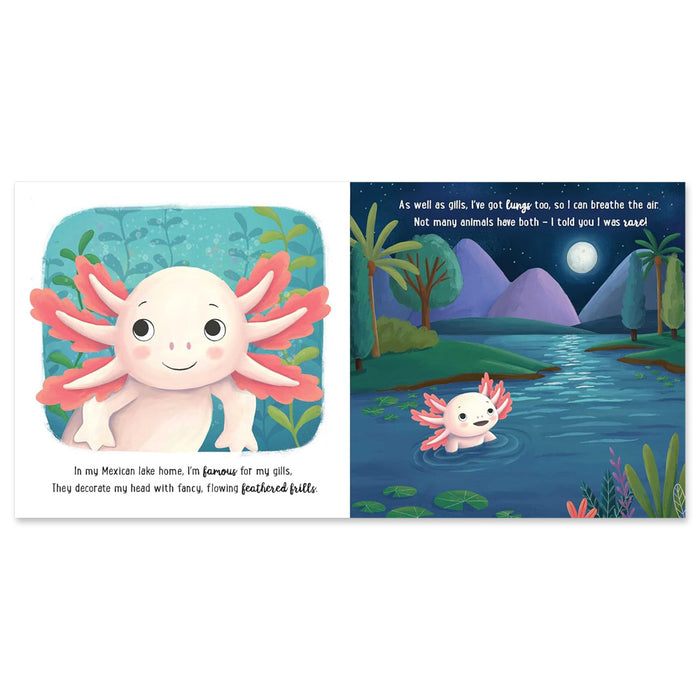 I Love Being an Axolotl: Padded Board Book delights little ones with charming illustrations of a smiling axolotl underwater and swimming in a moonlit lake—magical scenes perfect for bedtime.
