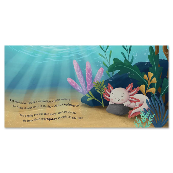 An underwater scene with an axolotl on a rock, colorful plants, and sunlight. Ideal for kids, "I Love Being an Axolotl: Padded Board Book" features text about calm, rest, and dreaming under a quiet lake.