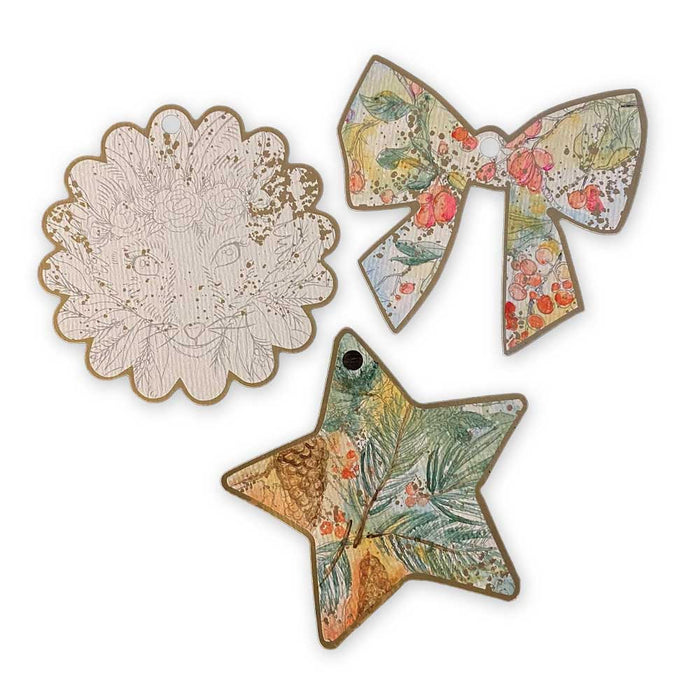 Three watercolor ornaments in the shapes of a cat face, a bow, and a star, two featuring botanical patterns, included in this Paint your own Holiday Decorations set.