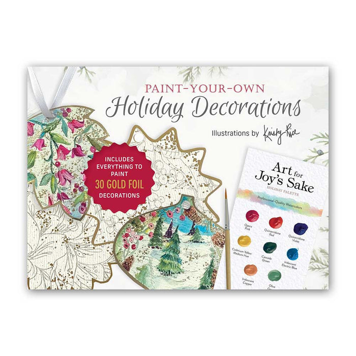 Paint your own Holiday Decorations craft kit with gold foil ornaments, a watercolor palette, and a paintbrush.