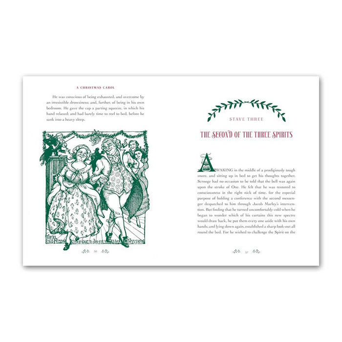 Open book showing pages from A Christmas Carol, with a black-and-white illustration of people dancing at a party on the left and the text of Stave Three on the right.