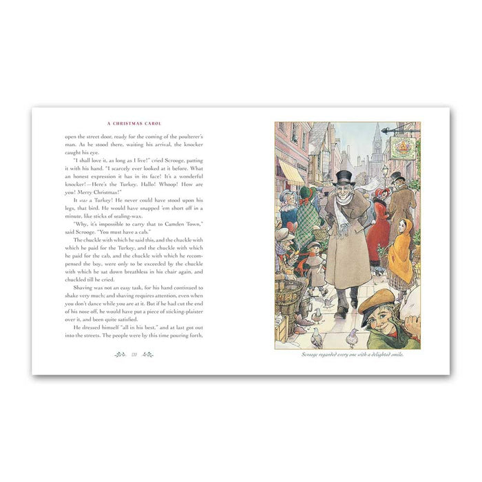 Open book showing a page of text from A Christmas Carol on the left and an illustration of a Victorian-era man in a top hat and coat smiling at a young boy on the right.