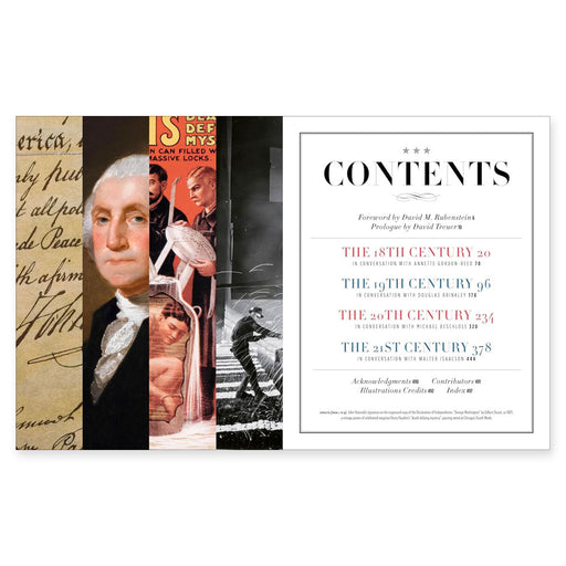 In "1,000 Days in America: An Illustrated History of the Moments That Defined a Nation," a book spread features a vibrant U.S. history collage on the left and, on the right, a table of contents highlighting chapters by century for an anniversary edition.