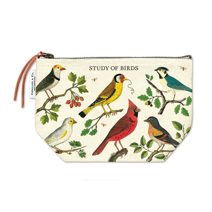 Natural cotton Study of Birds Pouch printed with vintage-style illustrations of various birds and branches, with the text STUDY OF BIRDS at the top.