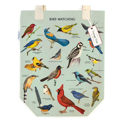 Light green Birdwatching Tote illustrated with various labeled bird species and a Vintage Tote tag attached to the handle.