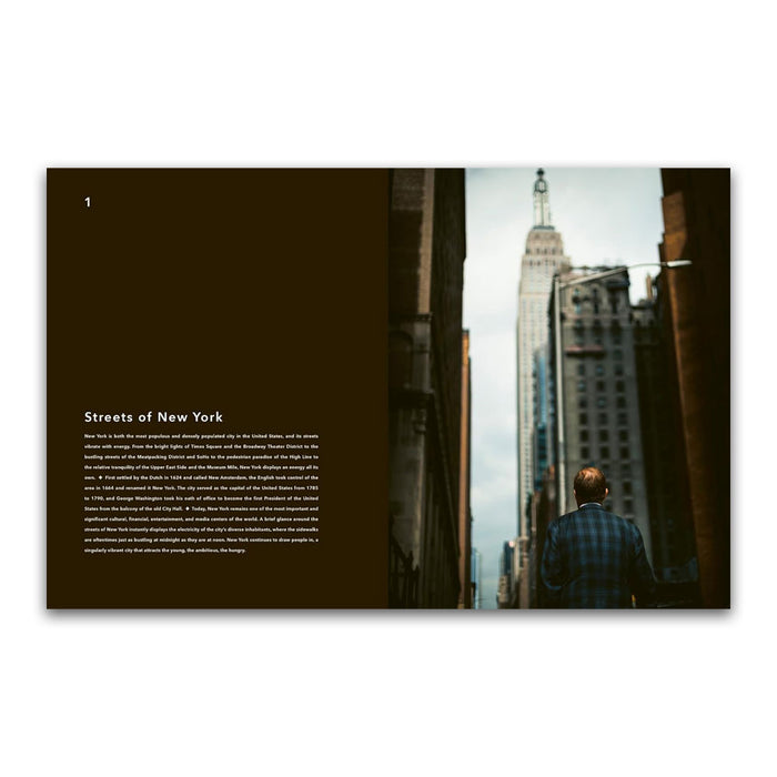 Open book spread from Trope New York (Trope City Editions, 5) featuring a left page titled “Streets of New York” on a black background, and a right page depicting a man in a plaid jacket walking between tall buildings toward a distant skyscraper—an image that encapsulates the dynamic spirit of New York photography and urban landscapes.