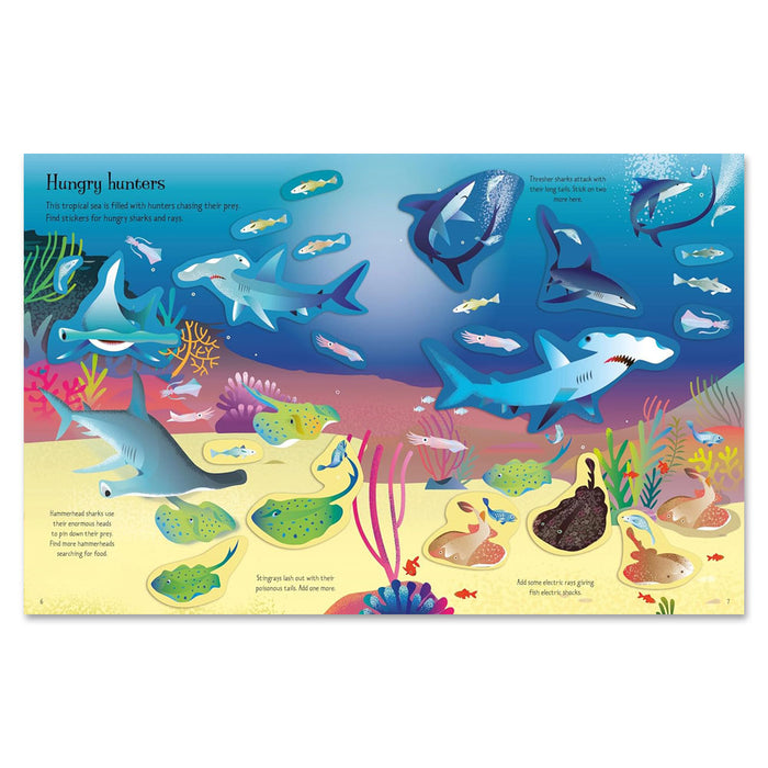 First Sticker Book Sharks and Rays: An Exciting Sticker Activity Book features underwater scenes of sharks, rays, and fish above a colorful ocean floor—perfect for kids to learn about ocean animals during Shark Week or for fun sticker activities.